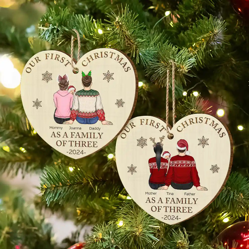 First Christmas As A Family Of Three New Parents - Personalized Custom Shaped Wooden Ornament