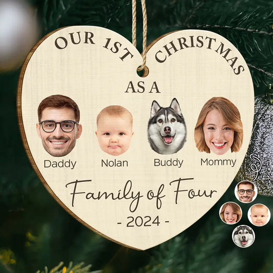 Custom Photo First Christmas As A Family Of Four - Personalized Custom Shaped Wooden Ornament