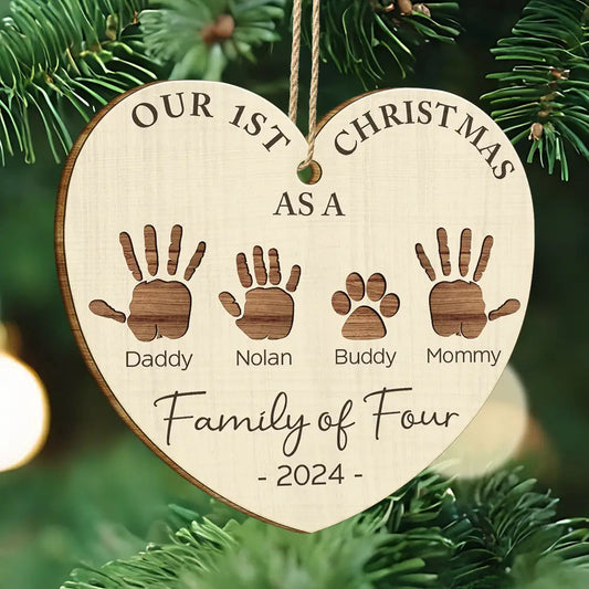 First Christmas As A Family Of Four Handprints - Personalized Custom Shaped Wooden Ornament