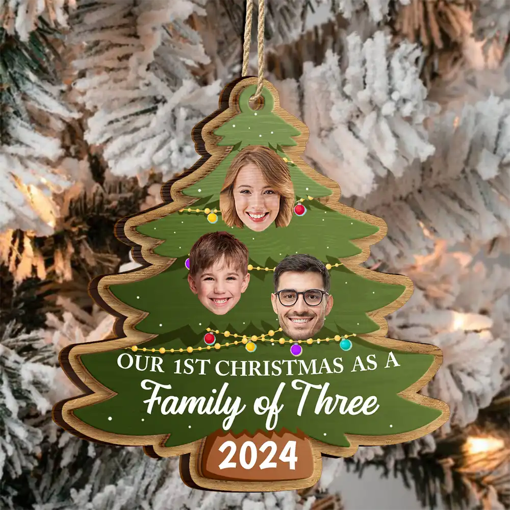 Christmas,Happy,Family,Parents,Gift For Sibling - Custom Photo First Christmas As A Family Of Four Family Tree - Personalized 2-Layered Wooden Ornament