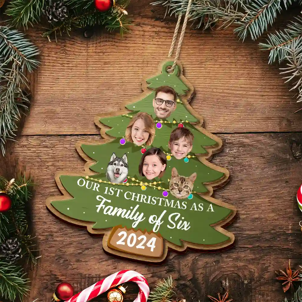 Christmas,Happy,Family,Parents,Gift For Sibling - Custom Photo First Christmas As A Family Of Four Family Tree - Personalized 2-Layered Wooden Ornament