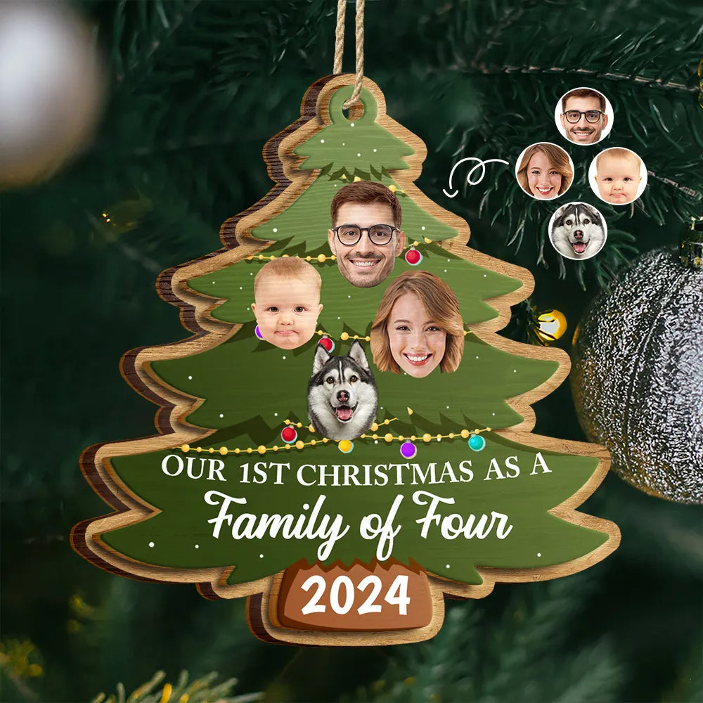 Christmas,Happy,Family,Parents,Gift For Sibling - Custom Photo First Christmas As A Family Of Four Family Tree - Personalized 2-Layered Wooden Ornament
