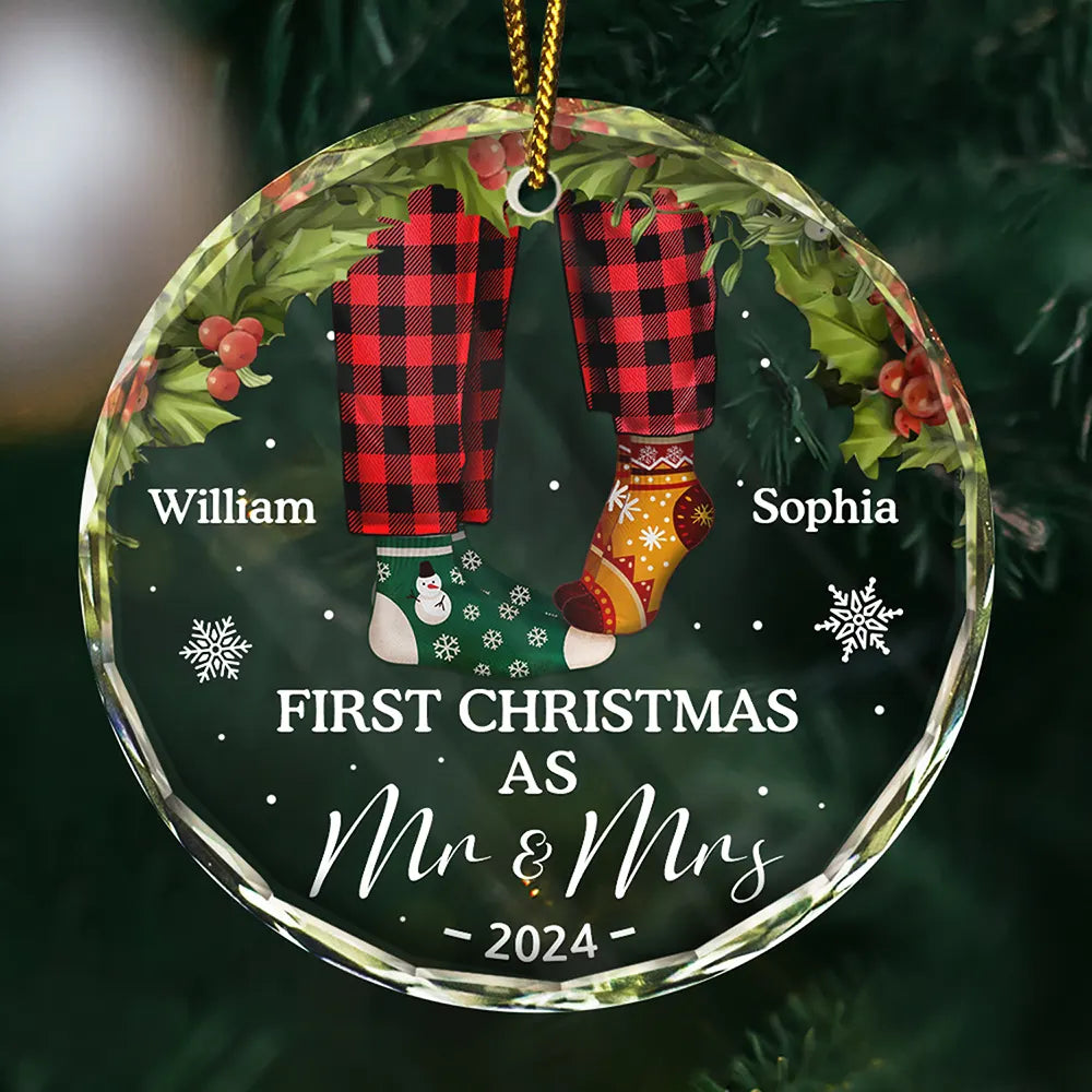 First Christmas As Mr & Mrs Christmas Socks Couple - Personalized Circle Glass Ornament