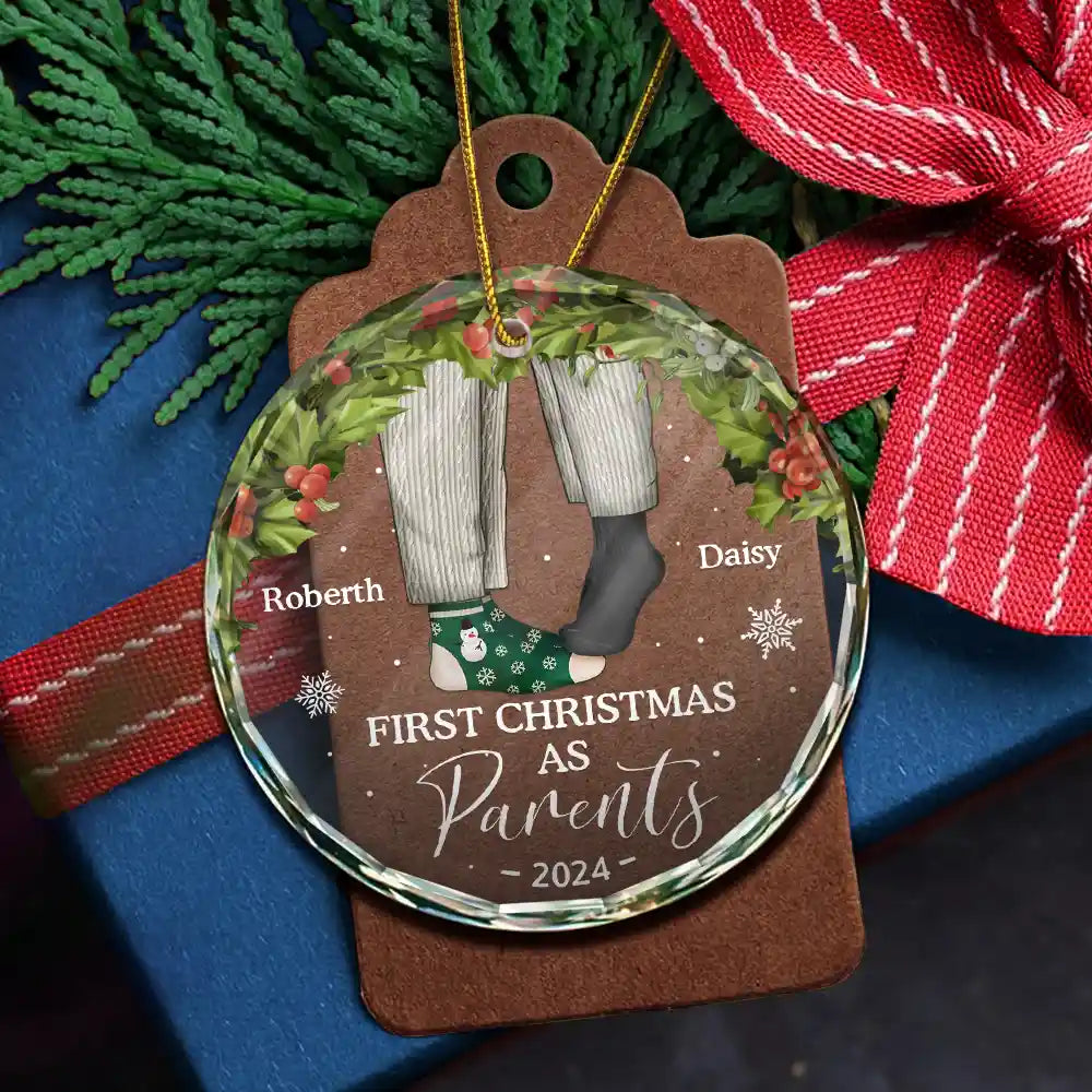 First Christmas As Mr & Mrs Christmas Socks Couple - Personalized Circle Glass Ornament