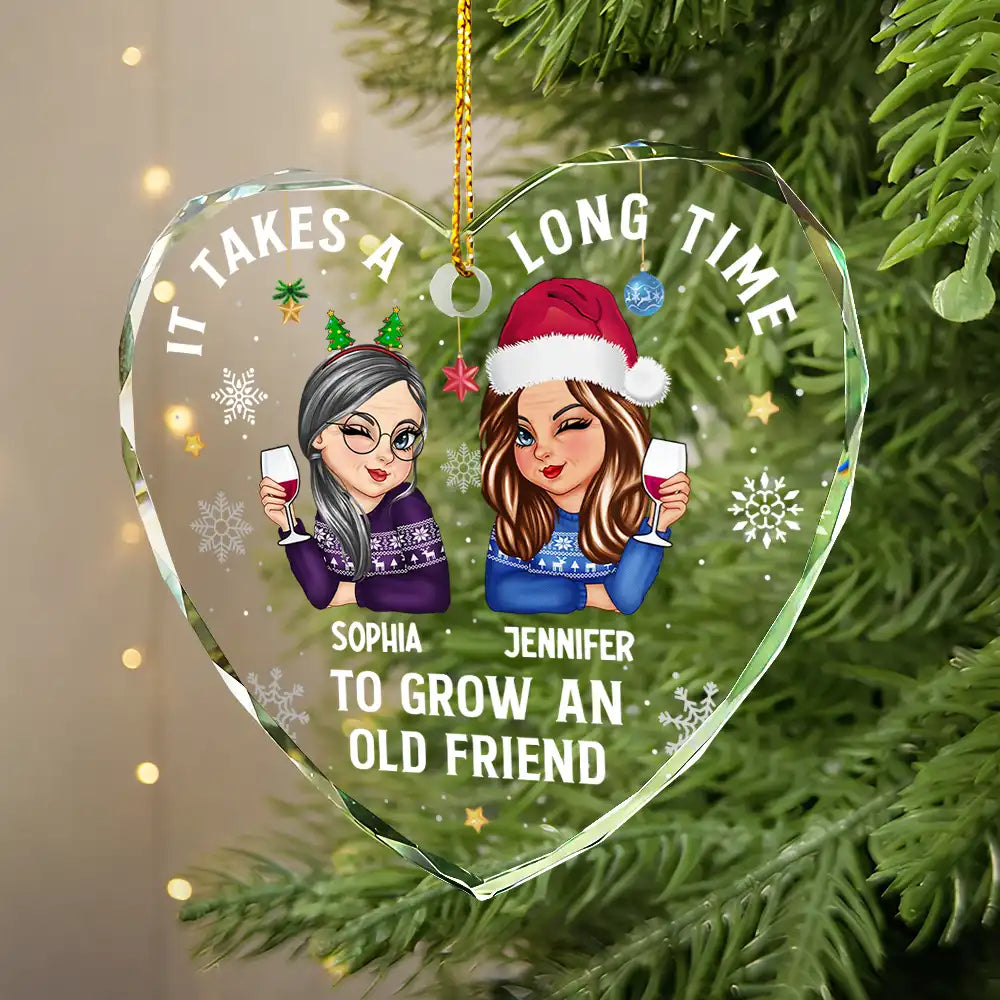 It Takes A Long Time To Grow An Old Friend Christmas - Personalized Heart Shaped Glass Ornament