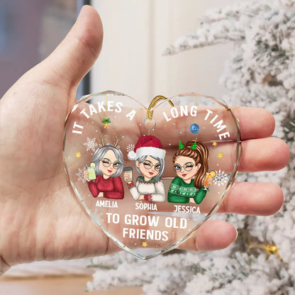 It Takes A Long Time To Grow An Old Friend Christmas - Personalized Heart Shaped Glass Ornament