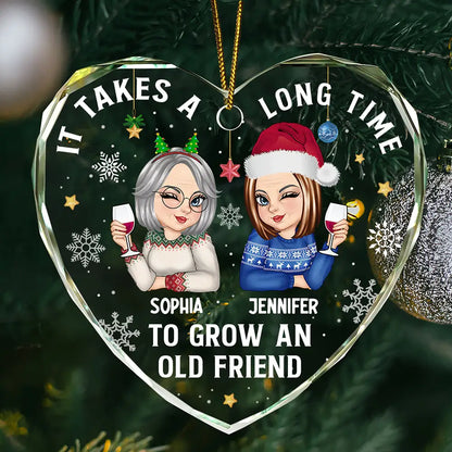 It Takes A Long Time To Grow An Old Friend Christmas - Personalized Heart Shaped Glass Ornament