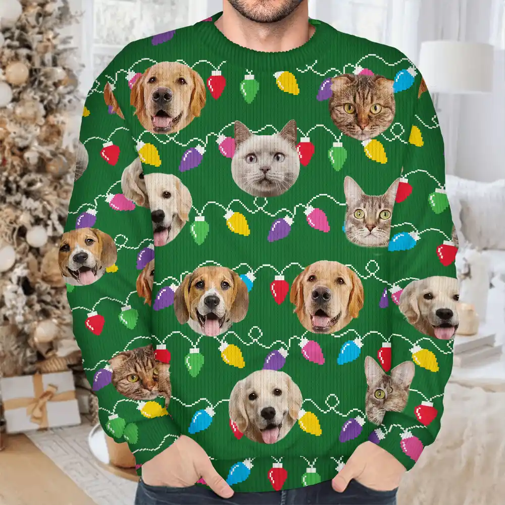 Custom Photo Funny Dog Cat Christmas Light - Personalized Unisex Ugly Sweater