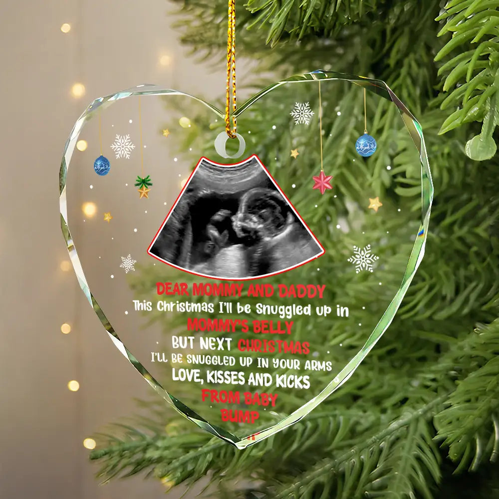 Custom Photo This Christmas I'll Be Snuggled Up Newborn Baby - Personalized Heart Shaped Acrylic Ornament