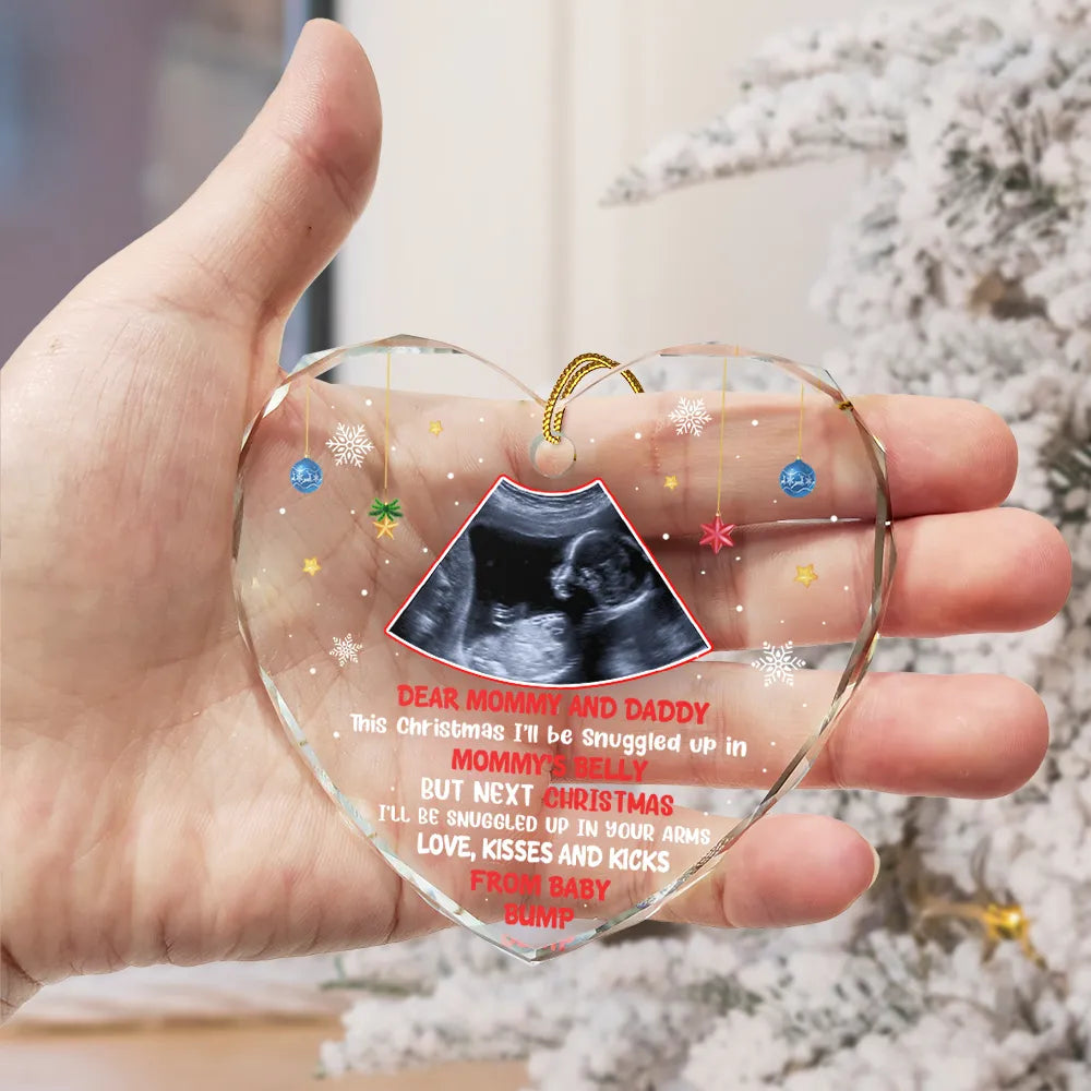 Custom Photo This Christmas I'll Be Snuggled Up Newborn Baby - Personalized Heart Shaped Acrylic Ornament