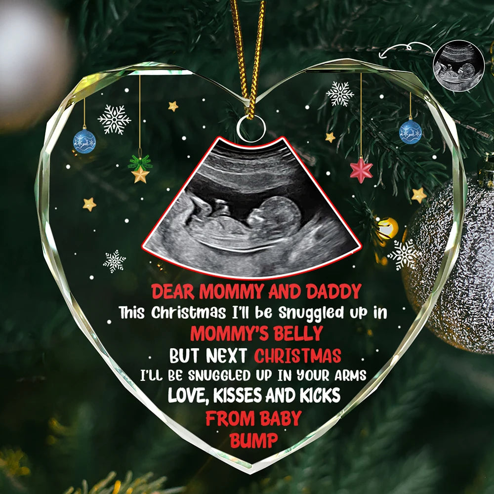 Custom Photo This Christmas I'll Be Snuggled Up Newborn Baby - Personalized Heart Shaped Acrylic Ornament