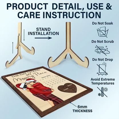 The Day I Found My Missing Piece Kissing Couples Calendar - Personalized 2-Layered Wooden Plaque With Stand