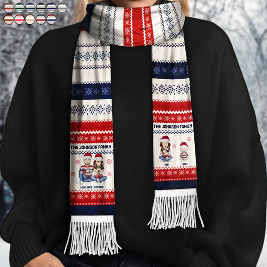 Cartoon Couple With Kids And Pets - Personalized Wool Scarf With Tassel