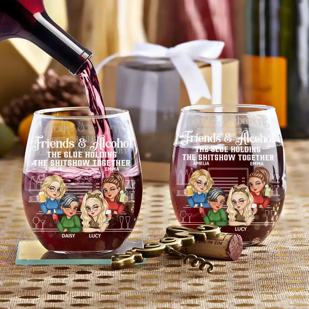 Here's To Another Year Of Bonding Over Alcohol Bestie - Personalized Stemless Wine Glass