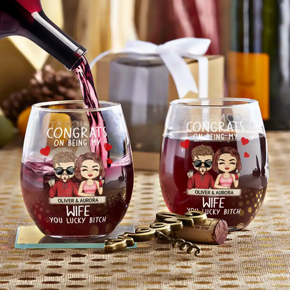 Congrats On Being My Husband Chibi Couples - Personalized Stemless Wine Glass