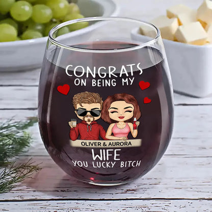 Congrats On Being My Husband Chibi Couples - Personalized Stemless Wine Glass