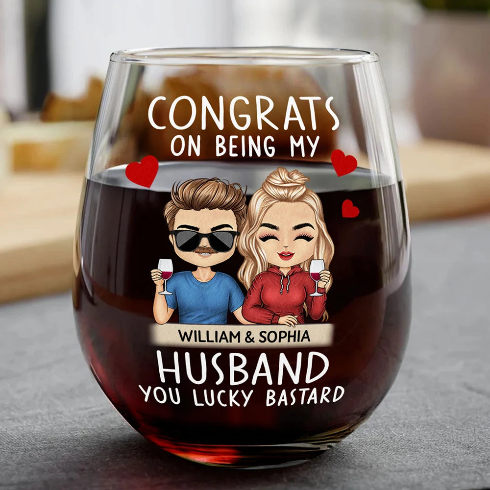 Congrats On Being My Husband Chibi Couples - Personalized Stemless Wine Glass