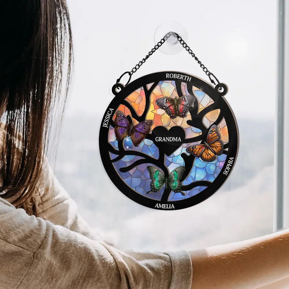 Birth Month Butterflies Nana Mom - Personalized Window Hanging Suncatcher Ornament