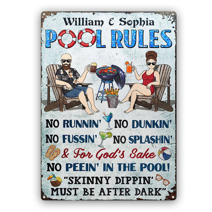 Pool Rules Grilling No Running No Splashing No Dunking Couple Husband Wife - Backyard Sign - Personalized Custom Classic Metal Signs