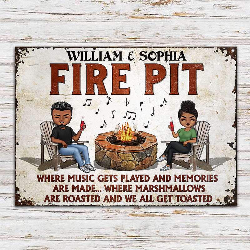 Fire Pit Where Music Gets Played Camping - Backyard Sign - Personalized Custom Classic Metal Signs