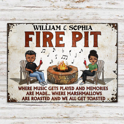Fire Pit Where Music Gets Played Camping - Backyard Sign - Personalized Custom Classic Metal Signs