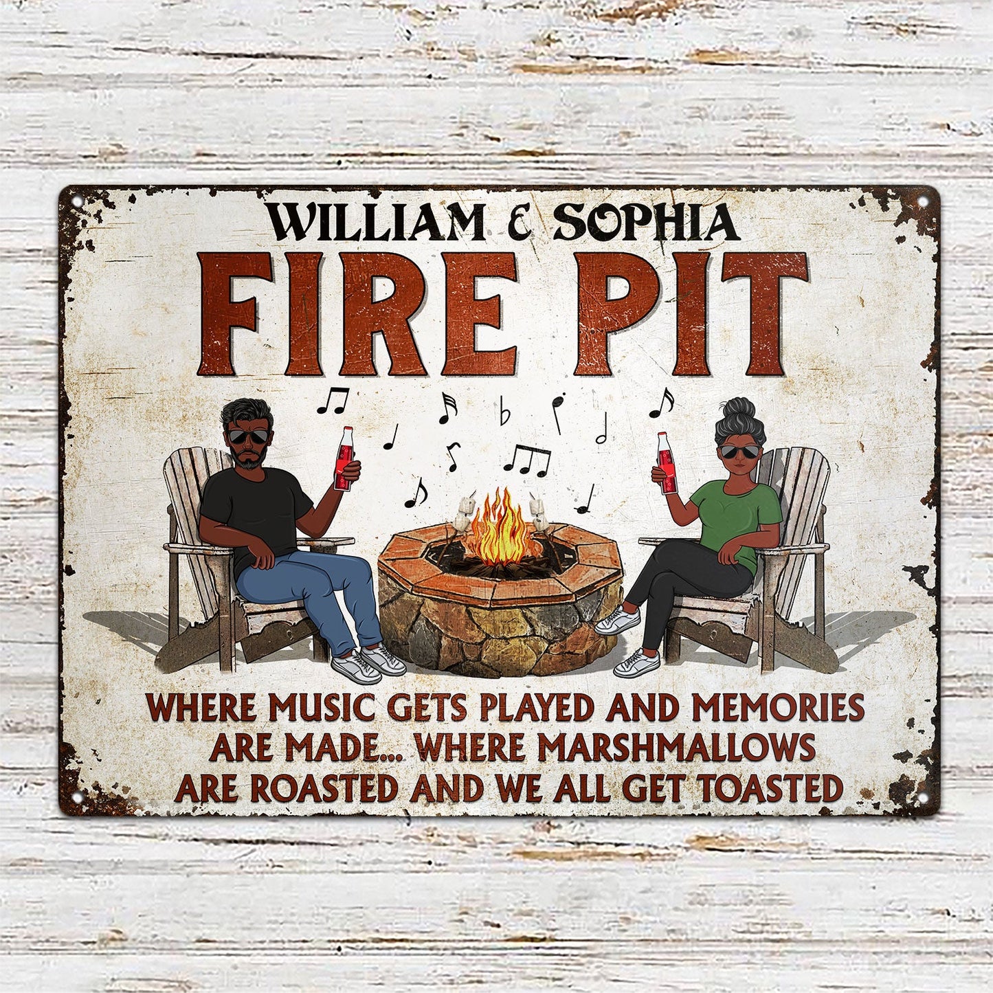 Fire Pit Where Music Gets Played Husband Wife Camping Couple - Backyard Sign - Personalized Custom Classic Metal Signs