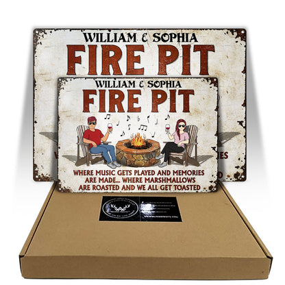 Fire Pit Where Music Gets Played Husband Wife Camping Couple - Backyard Sign - Personalized Custom Classic Metal Signs