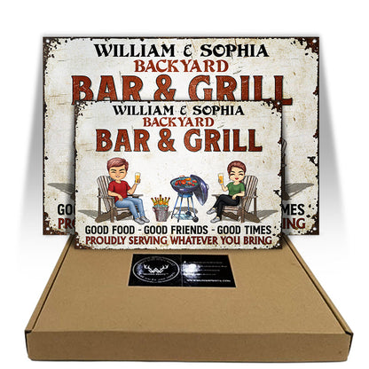 Bar And Grill Proudly Serving Whatever You Bring - Backyard Sign - Personalized Custom Classic Metal Signs