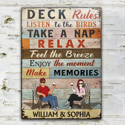 Deck Rules Listen To The Birds Husband Wife Couple - Backyard Sign - Personalized Custom Classic Metal Signs