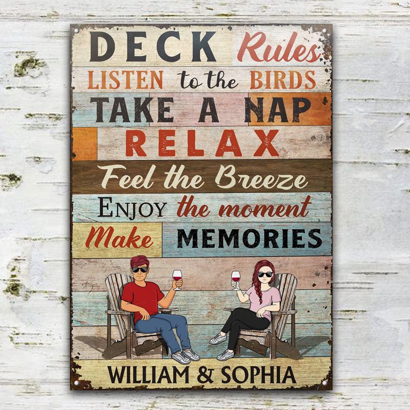 Deck Rules Listen To The Birds Husband Wife Couple - Backyard Sign - Personalized Custom Classic Metal Signs