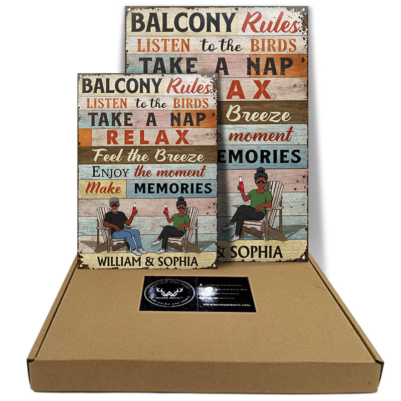 Deck Rules Listen To The Birds Husband Wife Couple - Backyard Sign - Personalized Custom Classic Metal Signs