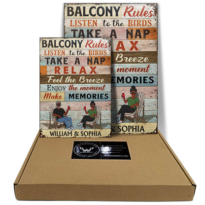 Deck Rules Listen To The Birds Husband Wife Couple - Backyard Sign - Personalized Custom Classic Metal Signs