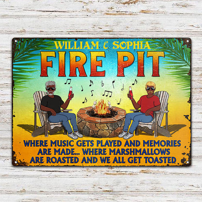 Fire Pit Where Music Gets Played Husband Wife Camping Couple Summer - Backyard Sign - Personalized Custom Classic Metal Signs