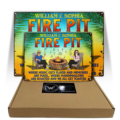 Fire Pit Where Music Gets Played Husband Wife Camping Couple Summer - Backyard Sign - Personalized Custom Classic Metal Signs