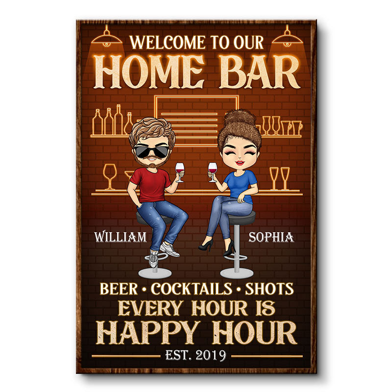Home Bar Every Hour Is Happy Hour Chibi Husband Wife - Couple Gift - Personalized Custom Poster