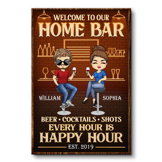 Home Bar Every Hour Is Happy Hour Chibi Husband Wife - Couple Gift - Personalized Custom Poster