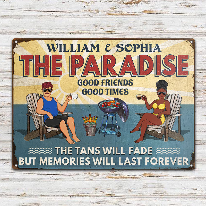 Poolside Grilling The Tans Will Fade Couple Husband Wife - Backyard Sign - Personalized Custom Classic Metal Signs