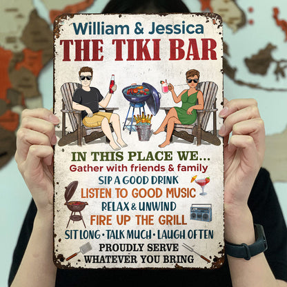 The Patio Bar We Gather With Friends And Family Grilling Couple - Backyard Sign - Personalized Custom Classic Metal Signs