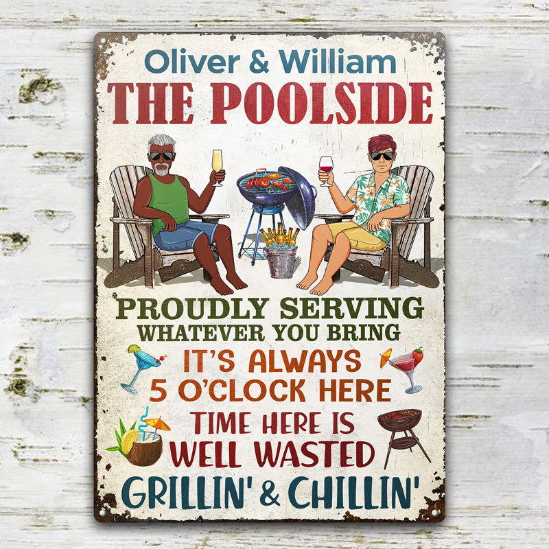 The Patio Bar Proudly Serving Whatever You Bring Grilling Couple - Backyard Sign - Personalized Custom Classic Metal Signs