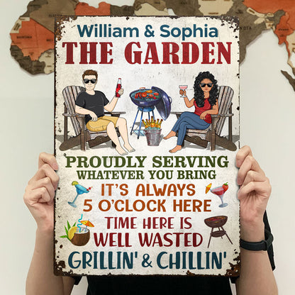 The Patio Bar Proudly Serving Whatever You Bring Grilling Couple - Backyard Sign - Personalized Custom Classic Metal Signs