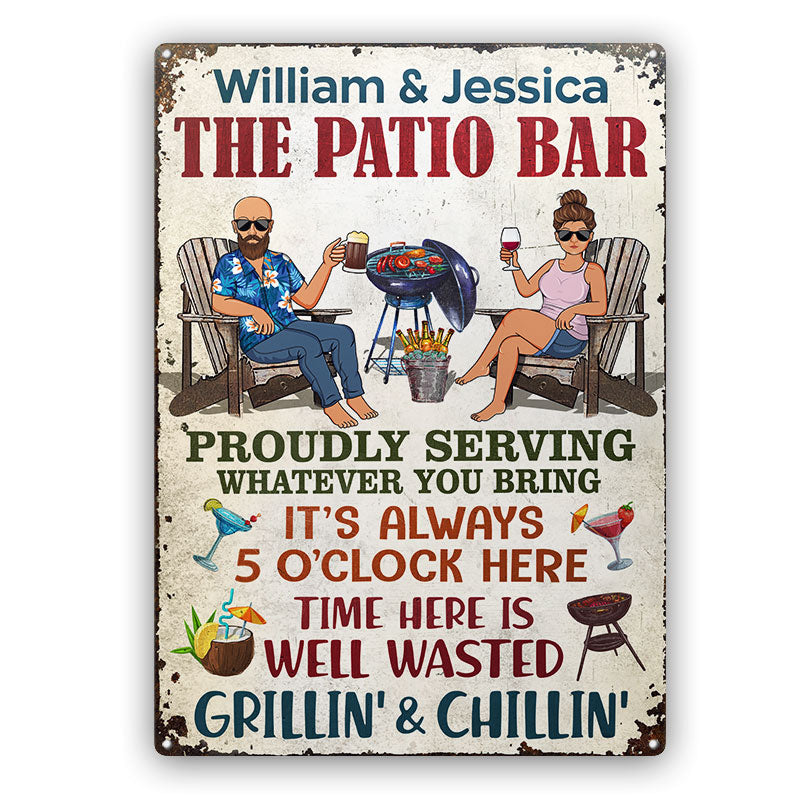 The Patio Bar Proudly Serving Whatever You Bring Grilling Couple - Backyard Sign - Personalized Custom Classic Metal Signs