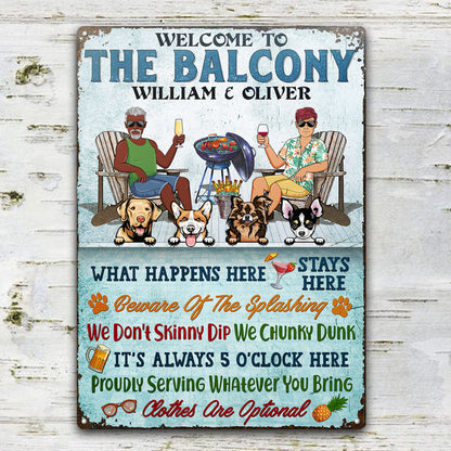 Welcome To The Poolside What Happens Here Stays Here Couple Dog Lovers - Backyard Sign - Personalized Custom Classic Metal Signs