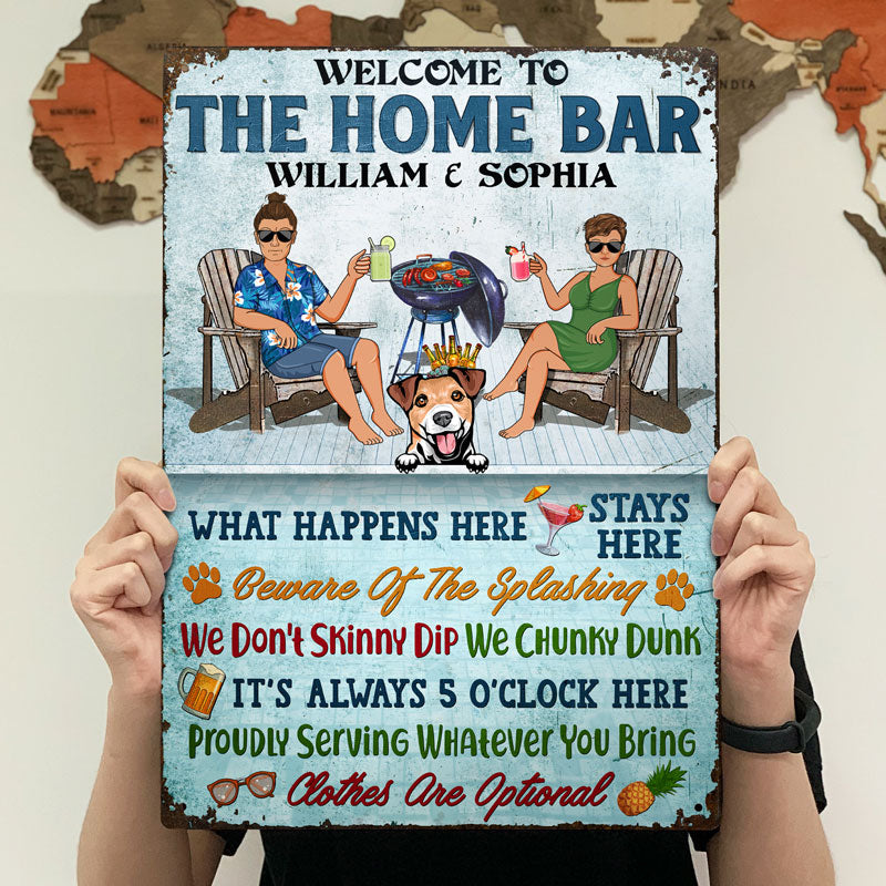 Welcome To The Poolside What Happens Here Stays Here Couple Dog Lovers - Backyard Sign - Personalized Custom Classic Metal Signs