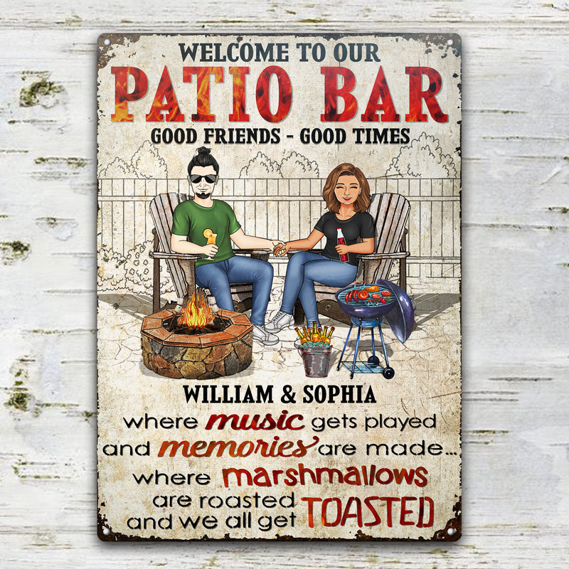 Fire Pit Grilling Family Couple Where Music Gets Played And Memories Are Made - Backyard Sign - Personalized Custom Classic Metal Signs