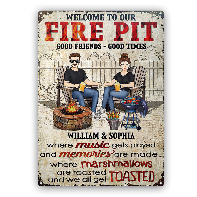 Fire Pit Grilling Family Couple Where Music Gets Played And Memories Are Made - Backyard Sign - Personalized Custom Classic Metal Signs