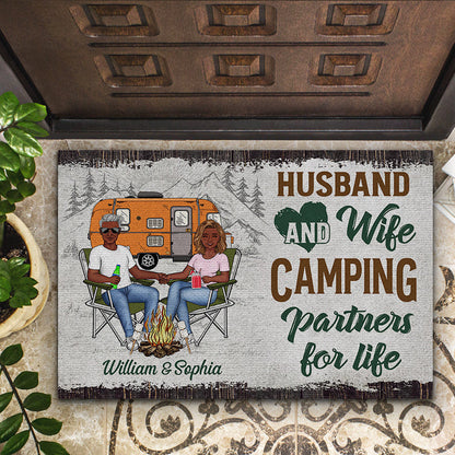 Camping Family Couple Let's Sit By The Campfire - Gift For Couples - Personalized Custom Doormat