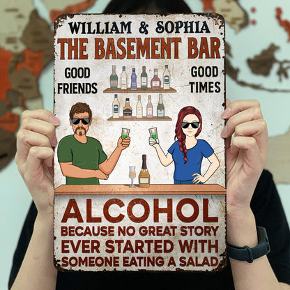 Grilling Alcohol Because No Great Story Ever Started With Someone Eating A Salad Couple Husband Wife - Backyard Sign - Personalized Custom Classic Metal Signs