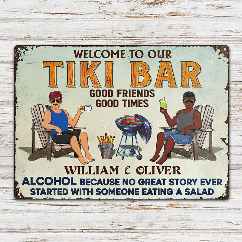 No Great Story Ever Started With Someone Eating A Salad Couple Husband Wife Grilling - Backyard Sign - Personalized Custom Classic Metal Signs