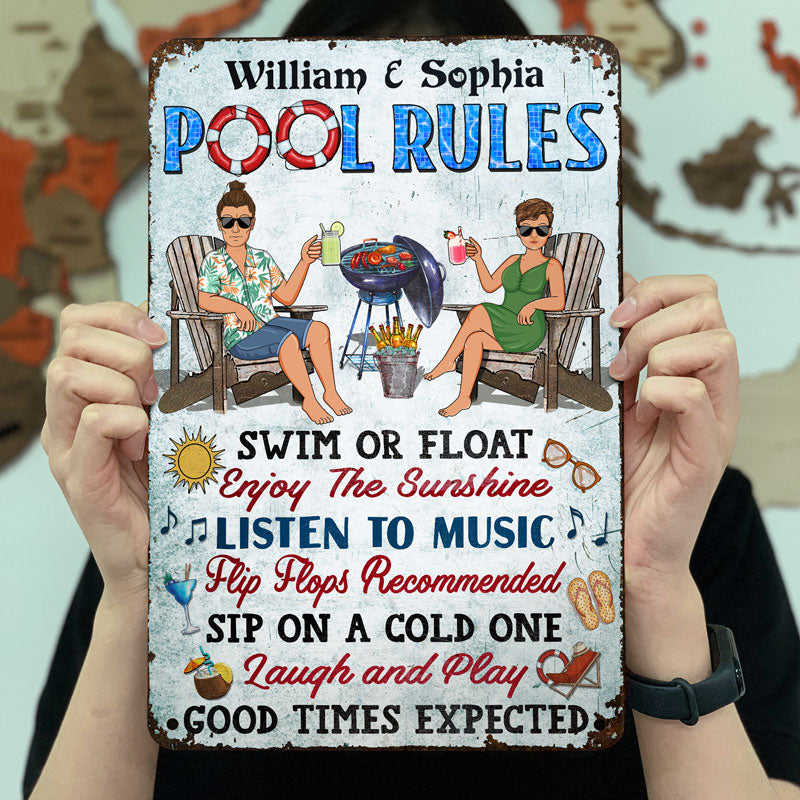 Pool Rules Grilling Swim Or Float Enjoy The Sunshine Couple Husband Wife - Backyard Sign - Personalized Custom Classic Metal Signs