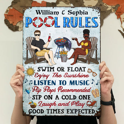 Pool Rules Grilling Swim Or Float Enjoy The Sunshine Couple Husband Wife - Backyard Sign - Personalized Custom Classic Metal Signs